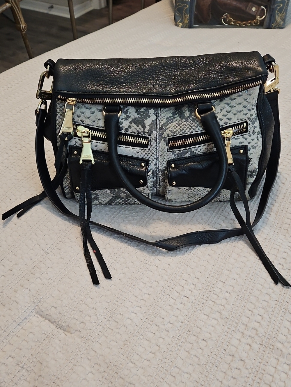 Aimee Kestenberg Black and Gray Snake-Print Satchel with Gold Hardware